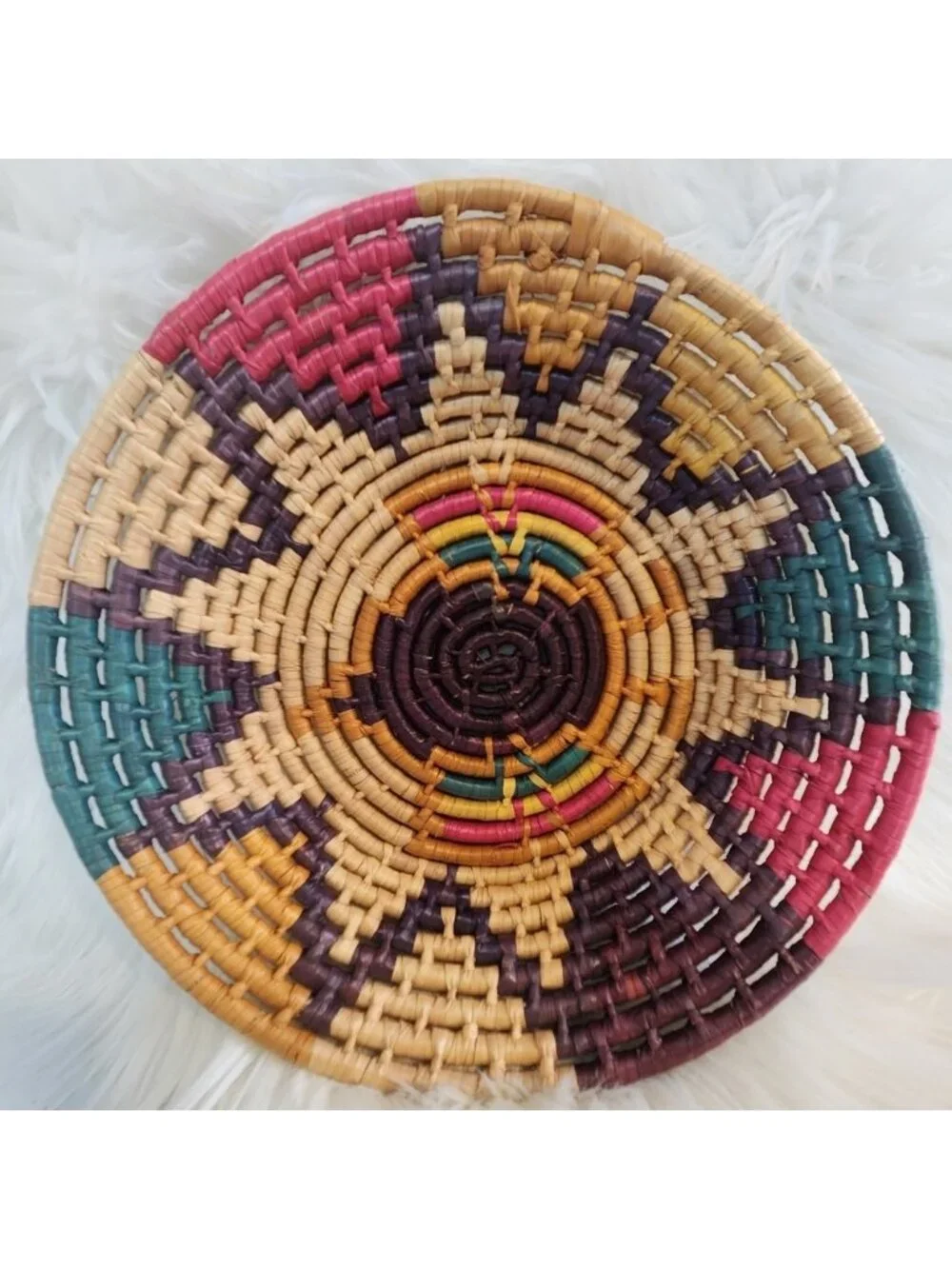 Vintage Indigenous Woven Basket Bowl Boho Home Decor Star Sun Colourful Round